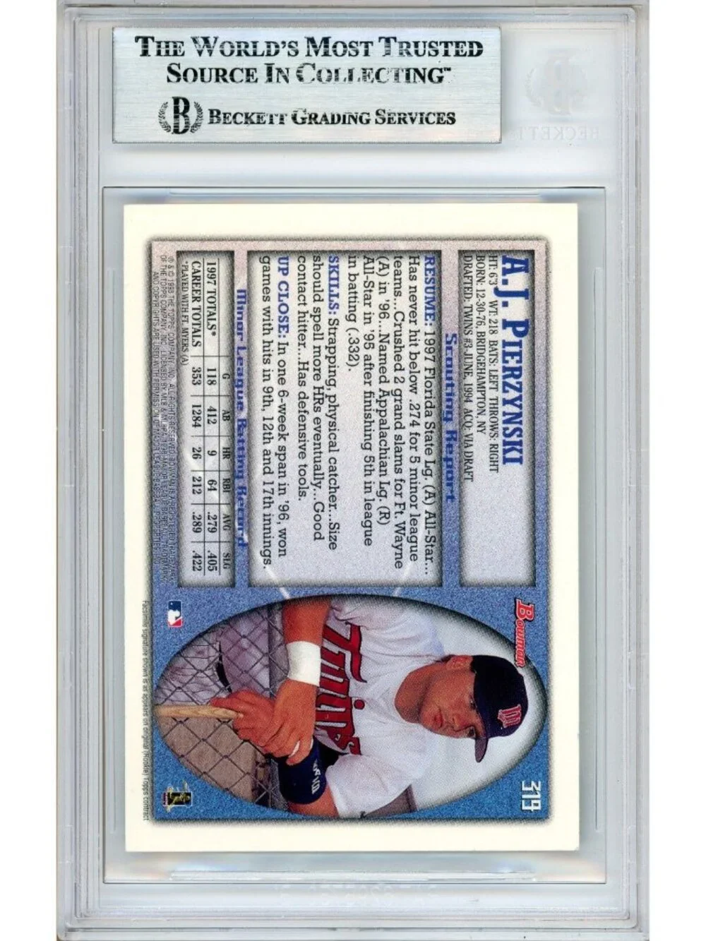 AJ Pierzynski Signed 1998 Bowman #319 Twins Baseball Card BAS Slabbed Auto
